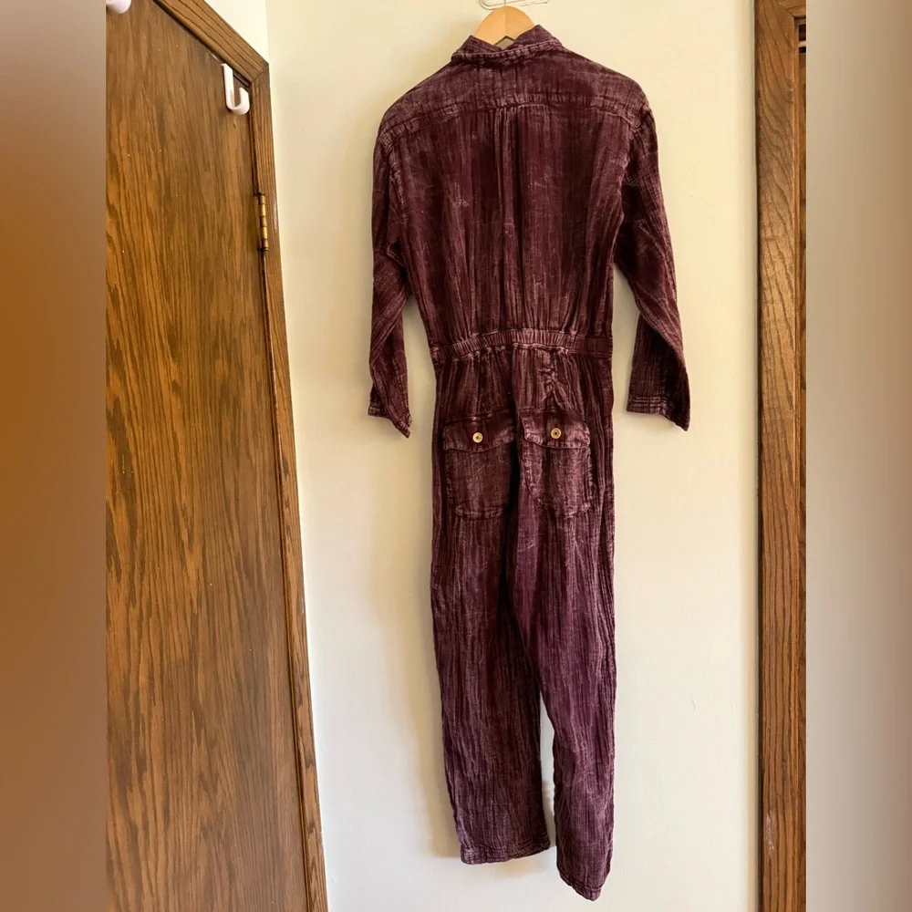 Free People Textured Button-Front Purple Jumpsuit in Plum Stone Washed Boho